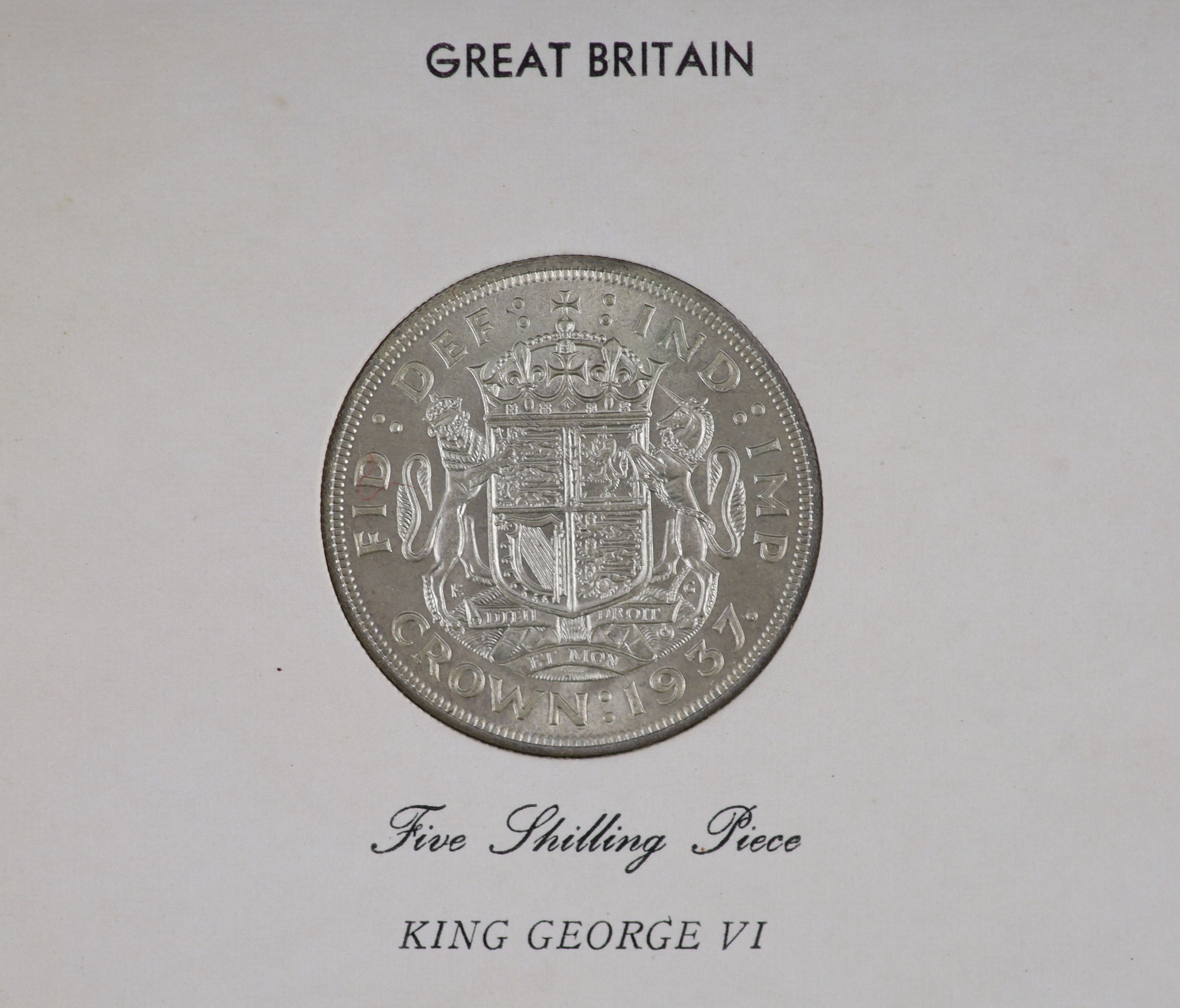 George VI specimen set of eleven coins, 1937, first coinage, comprising Crown, halfcrown, florin, ‘English’ & ‘Scottish’ shillings, sixpence, brass threepence, silver threepence, about EF, the penny, halfpenny and farthi